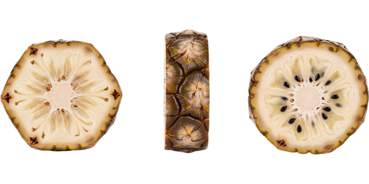 Exotic Cherimoya Fruit Cross Section Annona Deliciosa Slices Tropical Dessert Custard Apple on transparent background