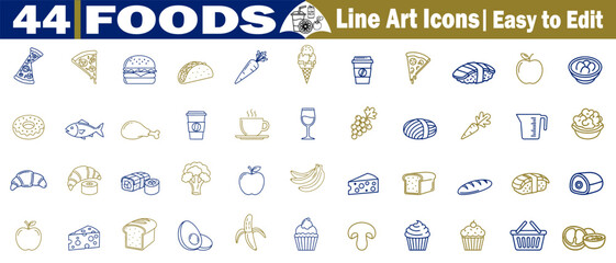 44 food line art icons vector illustration set, easy to edit for your project needs. 