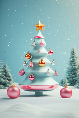 Obraz premium Stylized Christmas tree decorated with pink and gold ornaments and a star on top, standing in a snowy winter landscape. A minimal and modern festive scene.