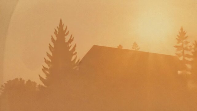 Shifting sun disk brightening, revealing rooftop silhouette and conifer at hillside, lens flare
