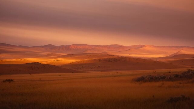 Breaking sunlight moving across rolling golden grassland lighting mid-distance slope and low clouds