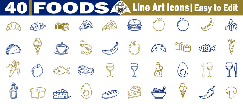 40 foods line art icons vector illustration set, easy to edit for your project needs. 