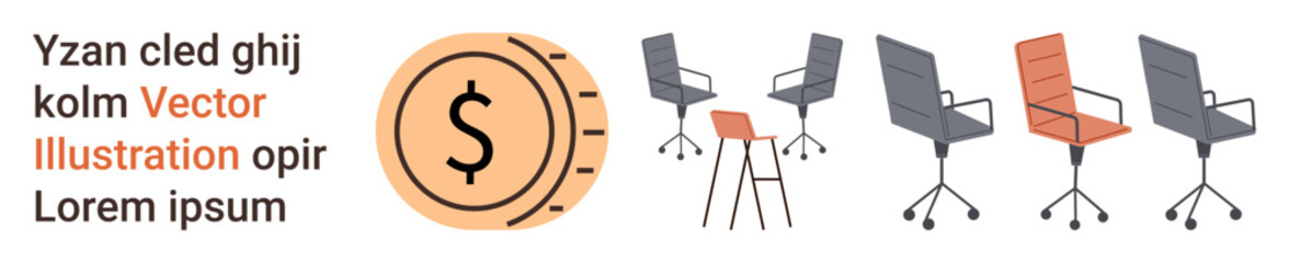 Business revenue, workplace planning, office furniture, financial growth, interior design, corporate setup. Multiple office chairs next to a dollar coin symbol. Business revenue and workplace