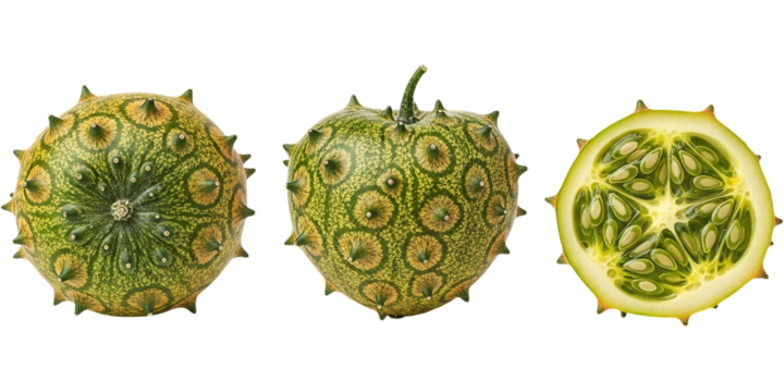 Exotic African Horned Melon Kiwano Fruit Still Life Tropical Vegetable Photography Delicious on transparent background