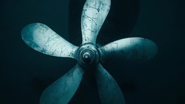 Rotating five blade prop after motor start, turning clockwise in hull, revealing hub nut corrosion