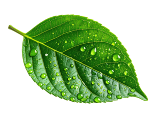 Leaf with water drops, veined, detailed, isolated