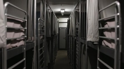 Pushing camera moving forward through narrow bunk aisle, showing metal bunks and closed door - Powered by Adobe