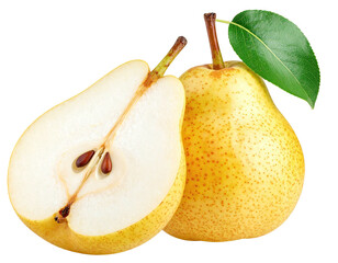Two pears one whole, one halved, leaf and stem detail