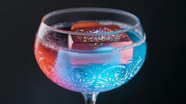 Shifting camera revealing etched coupe rotating, showing blue-pink mix and sprinkled cube in studio