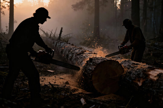 Two lumberjacks cutting a log with a chainsaw in the forest during sunset - Powered by Adobe
