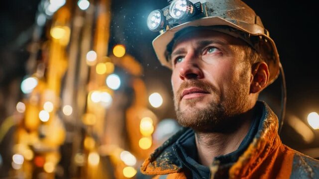 A tall handsome male engineer supervises tunnel drilling machines underground at night, wearing high-visibility gear and utilizing safety lights. Ideal for showcasing engineering,