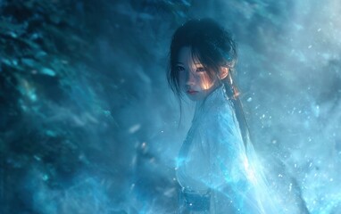 Woman portrait in fantasy setting with blue light and atmospheric effect