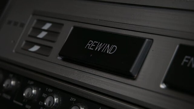Pressing bare fingertip initiating REWIND button on car cassette faceplate, seeking tape replay
