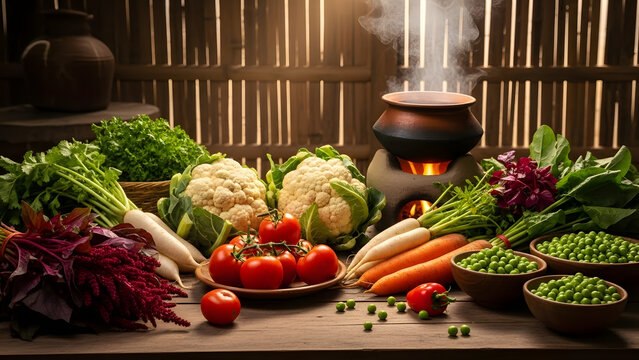 Still life of fresh vegetables with cauliflower carrots tomatoes and cooking pot on wooden table - Powered by Adobe