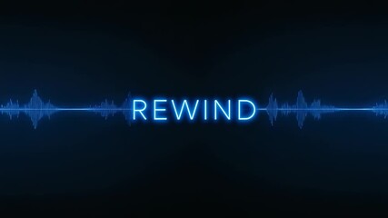 Starting playback neon blue REWIND text pulsing on dark plane, waves shifting along line, looping - Powered by Adobe
