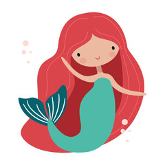 Cute mermaid with long black hair, naive art. Flat vector illustration . Vector illustration