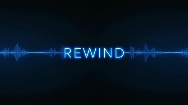 Starting playback neon blue REWIND text pulsing on dark plane, waves shifting along line, looping