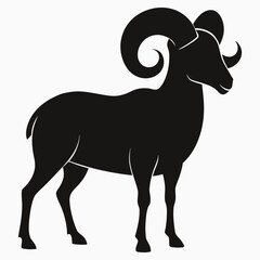 Stylized black silhouette of a ram with large curved horns