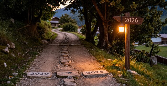Path of Time Showing a Transition from 2020 to 2026 with a Lantern