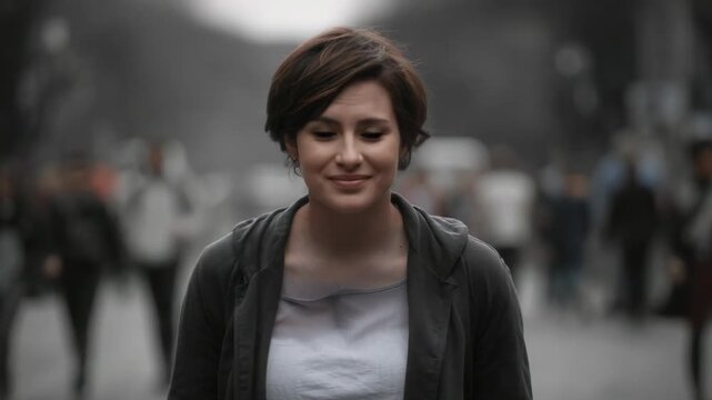 Walking woman in hoodie approaching lens on city street as zoom tightens, blurred crowd smiling