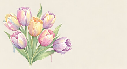 Fototapeta premium Delicate watercolor tulips in pastel shades create a stunning floral design perfect for spring weddings or elegant invitations and feminine branding projects