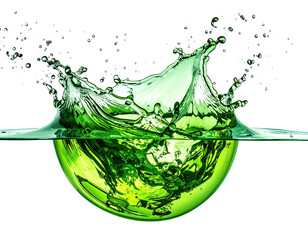 Green fluid bursts, creating crown splash on black bg