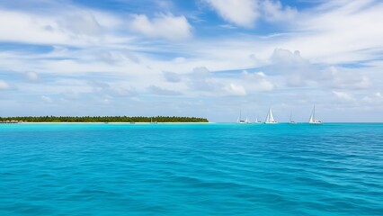 Tropical island paradise with turquoise ocean and sailboats a serene seascape perfect for travel and vacation themes