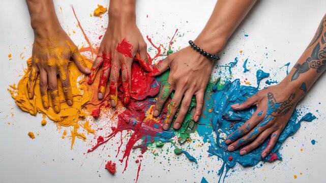 Placing four adult hands on paint blobs on white table, smearing colors for art with bracelet