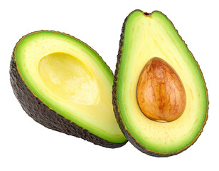 Sliced avocado halves, one with pit, on black