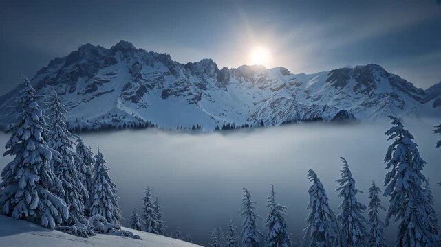 Brightening sun rising above ridge at hillside, fog thinning and revealing snowy trees