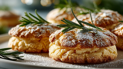 Holiday butter cookies with powdered sugar and rosemary garnish – Christmas baking close-up