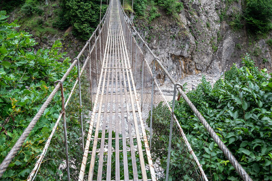 Closer view of a suspension footbridge across Girdimanchay Canyon near Lahij, Azerbaijan.