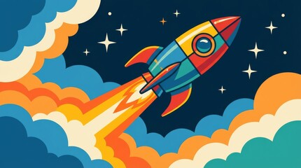 Colorful stylized rocket ship launches through vibrant clouds into a starry night sky, symbolizing innovation, adventure, creativity, progress, and exploration.