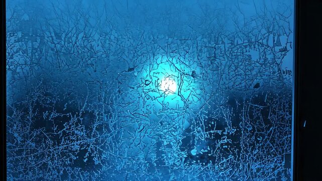 Pulsing blue light illuminating frosted glass pane at interior window, revealing droplets and halo