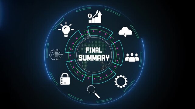 Final summary report generation and strategic data compilation for executive decision making presentation animation