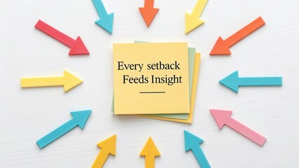 Inspirational quote on sticky note surrounded by colorful arrows symbolizing progress and resilience in overcoming challenges