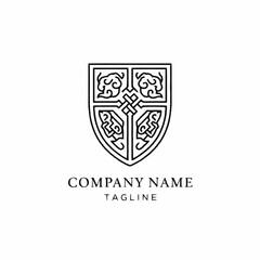 Elegant shield logo with intricate medieval line art pattern.