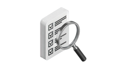 Magnifying Glass Over Checklist Document With Checkmarks On White Paper Showing Audit And Inspection Process In Isometric View With Transparent Background