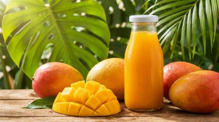 Tropical arrangement featuring a bottle of fresh mango juice with a white metal cap, surrounded by ripe mangoes and diced mango, set against vibrant green palm leaves.