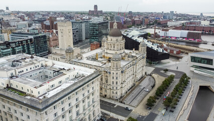Aerial view showing the Port of Liverpool Building, the Cunard Building and the Liverpool skyline with Radio City Tower