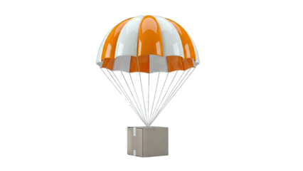 Orange and White Parachute Descending With Cardboard Box Against Black Background Isolated 3D Render