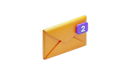 Orange Email Envelope with Purple Notification Icon Showing Number Two on Isolated White Background Digital Communication Concept