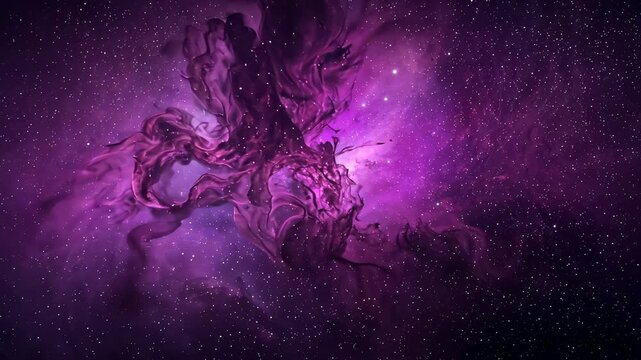 Zooming camera revealing purple-pink nebula in space, showing dark filaments and bright stars