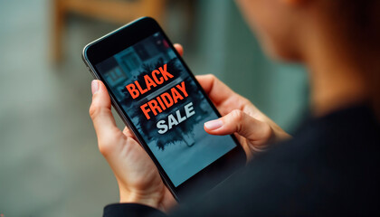 Close up of a person holding a smartphone displaying a vibrant black friday sale advertisement with glowing text and shopping icons