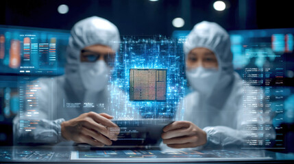 Scientists in cleanroom suits analyze microchip surrounded by digital data and graphics, showcasing advanced technology and innovation in high tech environment