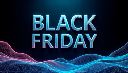 Futuristic black friday sale announcement with glowing neon lights and abstract digital landscape background