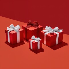 Elegant gifts wrapped in vibrant red boxes with white bows create a festive mood