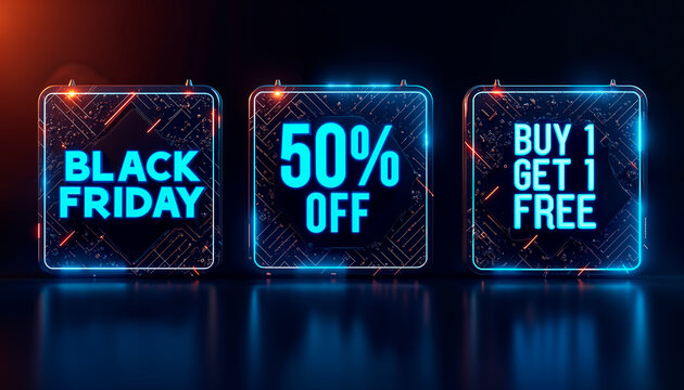 Three glowing neon signs displaying black friday sale promotions including fifty percent off and buy one get one free offers