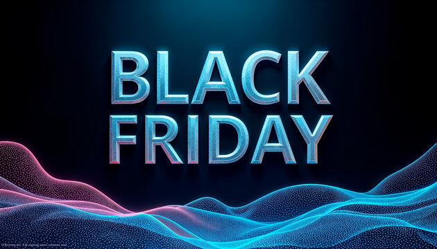 Futuristic black friday sale announcement with glowing neon lights and abstract digital landscape background
