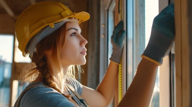 A skilled female construction worker installing window frames and checking the level in a modern house build, with natural light illuminating the scene.
